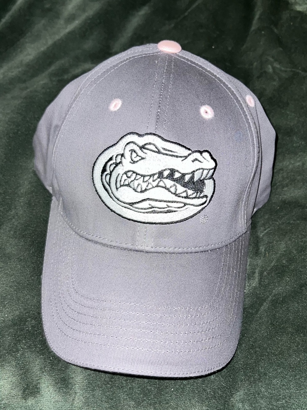Gray Baseball Cap with White Alligator Patch and Pink Accents